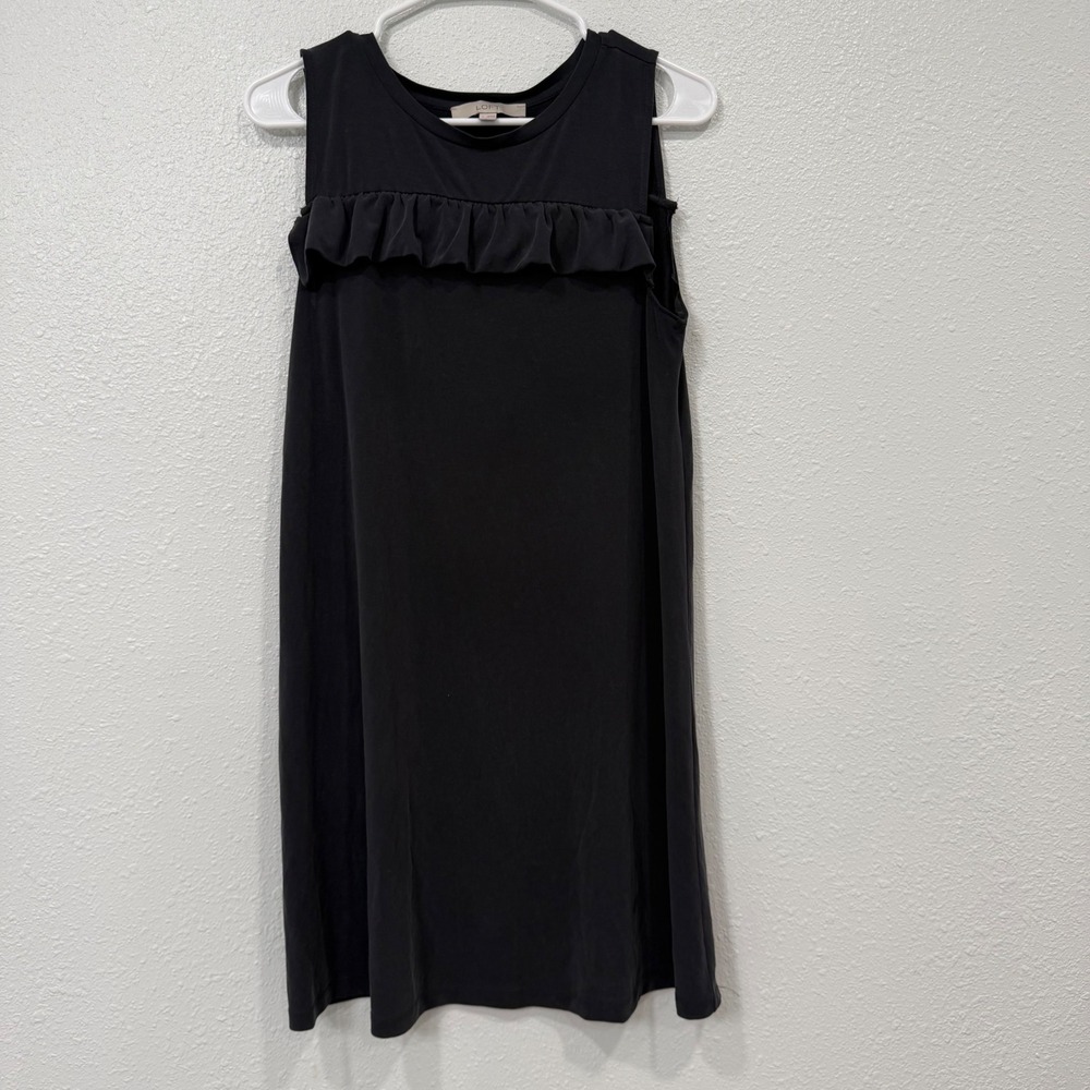 LOFT Womens Black Ruffle‎ Sleeveless Shift Dress Crew Neck Jersey Knit Small